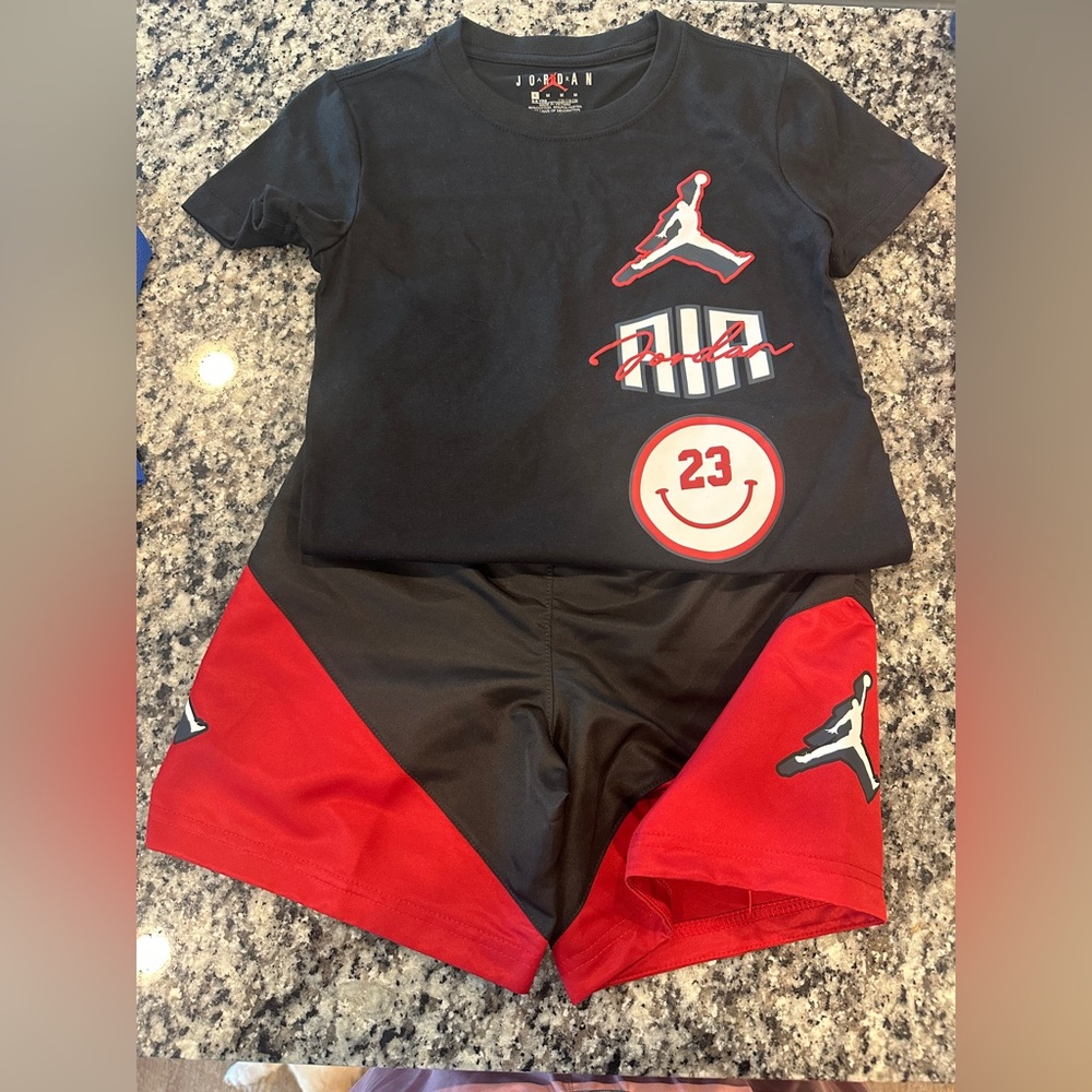Jordan Black and Red Graphic T-Shirt and Shorts Set